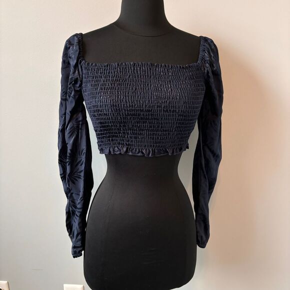 Shore Porto smocked crop top navy Blue Puff Sleeves Square Neck‎ Blouse - Picture 1 of 10